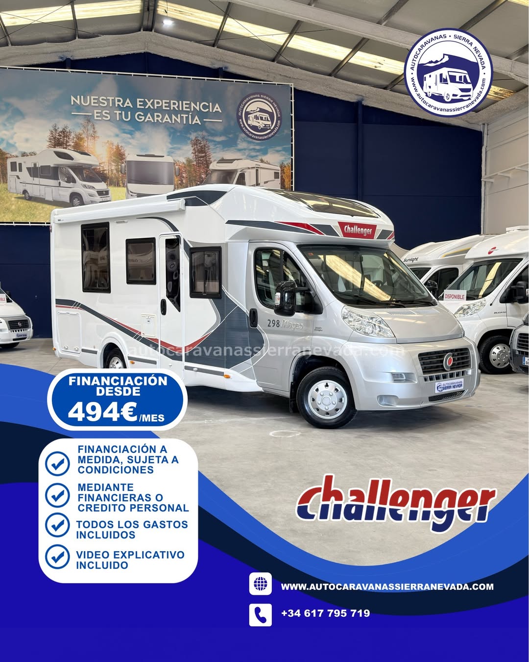 E26/24 AUTOCARAVANA PERFILADA CHALLENGER MAGEO 298 En Autocaravanas Sierra Nevada llevamos más de 22 años ayudando a nuestros clientes a cumplir el sueño de viajar con libertad. Cada vehículo es revisado y reacondicionado a fondo, cuidando cada detalle para que luzca, funcione y se sienta como nuevo, preparado para ofrecer años de fiabilidad y disfrute. Para más información o precio 💵 consulté en nuestra web www.autocaravanassierranevada.com o haga click 👉🖱️ en nuestro enlace ⬇️👇 https://autocaravanassierranevada.com/autocaravanas/challenger-mageo-298-e26-24/ ¿Quieres pagar a plazos? Llama y te informamos sin compromiso 📞617 79 57 19 📞687 85 35 11 EQUIPAMIENTO Y EXTRAS 👇 MOTOR: FIAT DUCATO 2.3 MULTIJET 130cv AÑO: 2014 KM: 77.000 Medidas exteriores: 6,95m x 2,85m Plazas: 4 Extras y Equipamiento: * Medida maletero: (1,20m x 0,81m x 0,69m) * Camas (Semi-isla/ Colgante eléctrica en salón) Aire acondicionado de motor Airbag (conductor y copiloto) Velocidad crucero Cierre centralizado Espejos eléctricos Elevalunas eléctricos (conductor y copiloto) Equipo Multimedia Sensor de aparcamiento Oscurecedores REMIS en cabina Asientos Giratorios Mosquiteras en ventanas, claraboyas y puerta principal Claraboyas transparentes y panorámica XXL en cabina TurboVent Frigo THETFORD (220v, Gas, 12v, Auto) 171L capacidad Horno a gas Ducha con mampara dentro de aseo Inversor 1500w Batería de 95ah 1 Placa solar 100w Calefacción webasto a gasoil Escalon doble peldaño integrado Toldo OMNISTOR THULE de 3,40m Portabicis para 2 Neumáticos reforzados especial camper www.autocaravanassierranevada.com #autocaravanasgranada #autocaravanaocasion #autocaravanasdeocasion #ventaautocaravana #compraautocaravana #autocaravanabarata #caravaningandalucia #autocaravanasur #granadaturismo #granadaocasion #andaluciavanlife #vanlife #camperlife #motorhome #campervan #viajarenautocaravana #caravaninglife #aventuraenruta #viajeslibres #escapadarural #naturalezaylibertad #viajarporelmundo #rutavanlife #descubreespaña