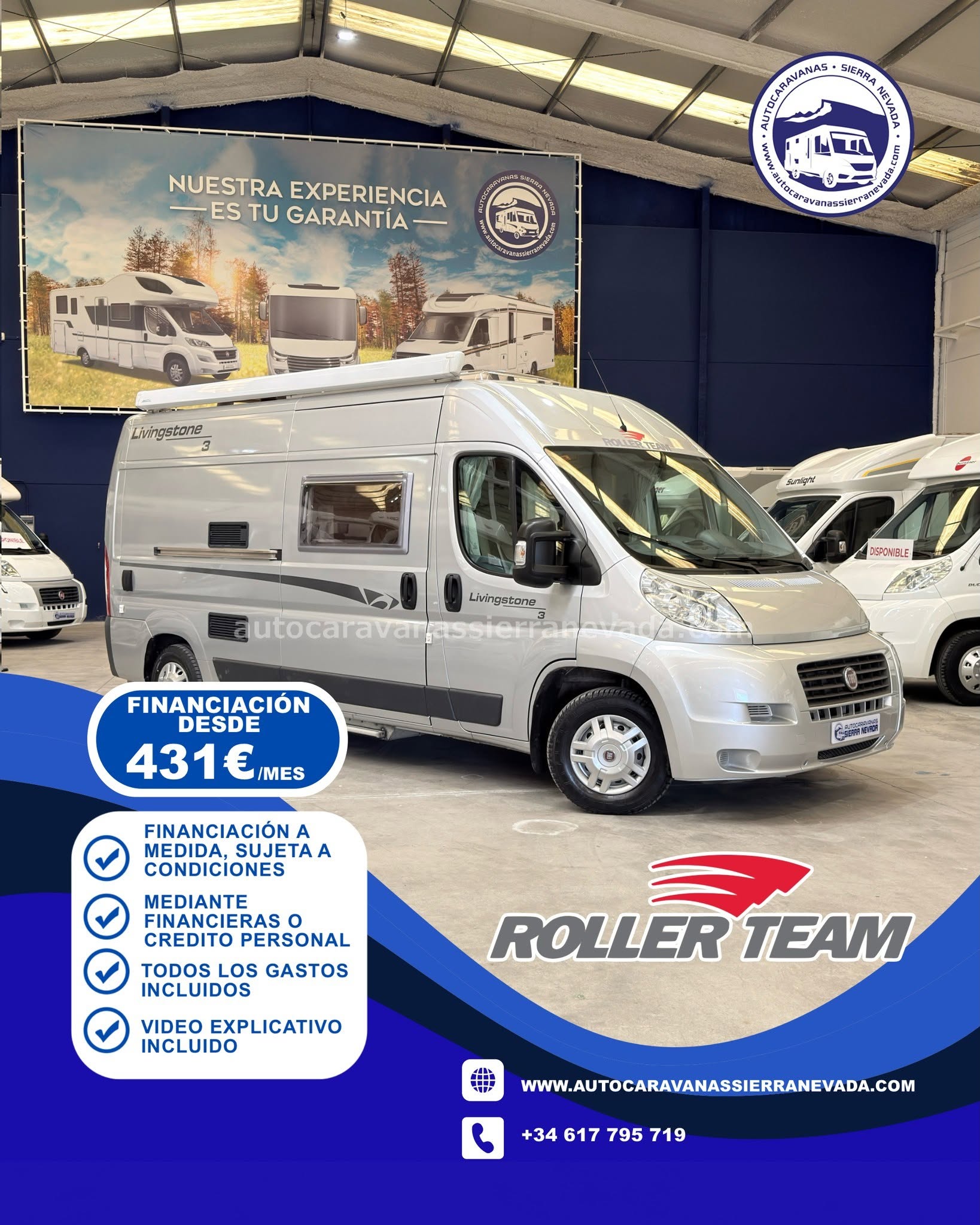 E26/09 AUTOCARAVANA CAMPER ROLLER TEAM LIVINGSTONE 3 En Autocaravanas Sierra Nevada llevamos más de 22 años ayudando a nuestros clientes a cumplir el sueño de viajar con libertad. Cada vehículo es revisado y reacondicionado a fondo, cuidando cada detalle para que luzca, funcione y se sienta como nuevo, preparado para ofrecer años de fiabilidad y disfrute. Para más información o precio 💵 consulté en nuestra web www.autocaravanassierranevada.com o haga click 👉🖱️ en nuestro enlace ⬇️👇 https://autocaravanassierranevada.com/autocaravanas/roller-team-livingstone-3-e26-09/ ¿Quieres pagar a plazos? Llama y te informamos sin compromiso 📞617 79 57 19 📞687 85 35 11 EQUIPAMIENTO Y EXTRAS 👇 MOTOR: FIAT DUCATO 2.3 MULTIJET 120cv AÑO: 2009 KM: 115.000 Medidas exteriores: 5,90m x 2,60m Plazas: 4 Extras y Equipamiento: * Medidas maletero : (1,20m x 0,90m x 0,70m) * Cama (Transversal) Aire acondicionado (de motor) ASR Velocidad de Crucero Cierre centralizado Espejos eléctricos Elevalunas eléctricos Equipo Multimedia Asientos giratorios Mosquiteras en ventanas y claraboyas Claraboya xxl en salón Frigo DOMETIC (220v, Gas, 12v) 77L Ducha dentro de aseo Batería de 100ah. 2 Placa Solar de 100w TV. a 12v. Calefacción WEBASTO a gasoil Escalón eléctrico de aluminio Toldo OMNISTOR de 3m Neumáticos reforzados especial camper www.autocaravanassierranevada.com #autocaravanasgranada #autocaravanaocasion #autocaravanasdeocasion #ventaautocaravana #compraautocaravana #autocaravanabarata #caravaningandalucia #autocaravanasur #granadaturismo #granadaocasion #andaluciavanlife #vanlife #camperlife #motorhome #campervan #viajarenautocaravana #caravaninglife #aventuraenruta #viajeslibres #escapadarural #naturalezaylibertad #viajarporelmundo #rutavanlife #descubreespaña