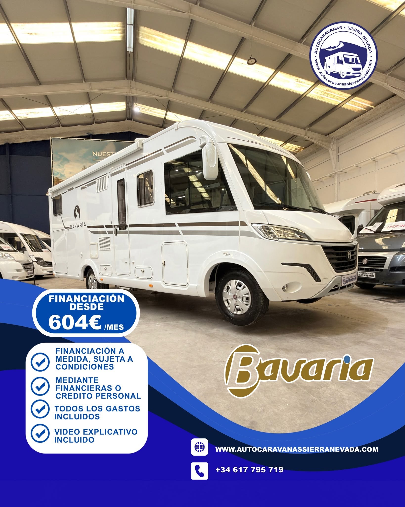E26/21 AUTOCARAVANA INTEGRAL BAVARIA CLASS I741 En Autocaravanas Sierra Nevada llevamos más de 22 años ayudando a nuestros clientes a cumplir el sueño de viajar con libertad. Cada vehículo es revisado y reacondicionado a fondo, cuidando cada detalle para que luzca, funcione y se sienta como nuevo, preparado para ofrecer años de fiabilidad y disfrute. Para más información o precio 💵 consulté en nuestra web www.autocaravanassierranevada.com o haga click 👉🖱️ en nuestro enlace ⬇️👇 https://autocaravanassierranevada.com/autocaravanas/bavaria-class-i741-e26-21/ ¿Quieres pagar a plazos? Llama y te informamos sin compromiso 📞617 79 57 19 📞687 85 35 11 EQUIPAMIENTO Y EXTRAS 👇 MOTOR: FIAT DUCATO 2.3 MULTIJET 150cv AÑO: 2017 KM: 66.000 Medidas exteriores: 7,40m x 3,00m Plazas: 5 Extras y Equipamiento: * Medidas maletero doble portón : (2,20m x 1,40m x 1,20m) * Camas(Isla/Salón Convertible/Colgante en cabina) CHASIS ALKO Aire acondicionado (de motor) AirBag (conductor y copiloto) Velocidad de Crucero Cierre centralizado Espejos eléctricos Elevalunas eléctricos(en conductor) Equipo Multimedia Cámara de visión trasera Asientos giratorios Oscurecedores REMIS en cabina completa Mosquiteras en ventanas ,claraboyas y puerta principal Claraboya panorámica xxl en salón Frigo DOMETIC (220v, Gas, 12v-auto) 160L Extractor de Humos Ducha con mampara separada de aseo Batería de 100ah. 2 Placa Solar de 100w TV 12v Calefacción Alde Escalón eléctrico de aluminio Patas estabilizadoras Hidráulicas Ducha exterior Toldo THULE de 4m Maleteros Laterales con acceso al doble suelo Neumáticos reforzados especial camper www.autocaravanassierranevada.com #autocaravanasgranada #autocaravanaocasion #autocaravanasdeocasion #ventaautocaravana #compraautocaravana #autocaravanabarata #caravaningandalucia #autocaravanasur #granadaturismo #granadaocasion #andaluciavanlife #vanlife #camperlife #motorhome #campervan #viajarenautocaravana #caravaninglife #aventuraenruta #viajeslibres #escapadarural #naturalezaylibertad #viajarporelmundo #rutavanlife #descubreespaña