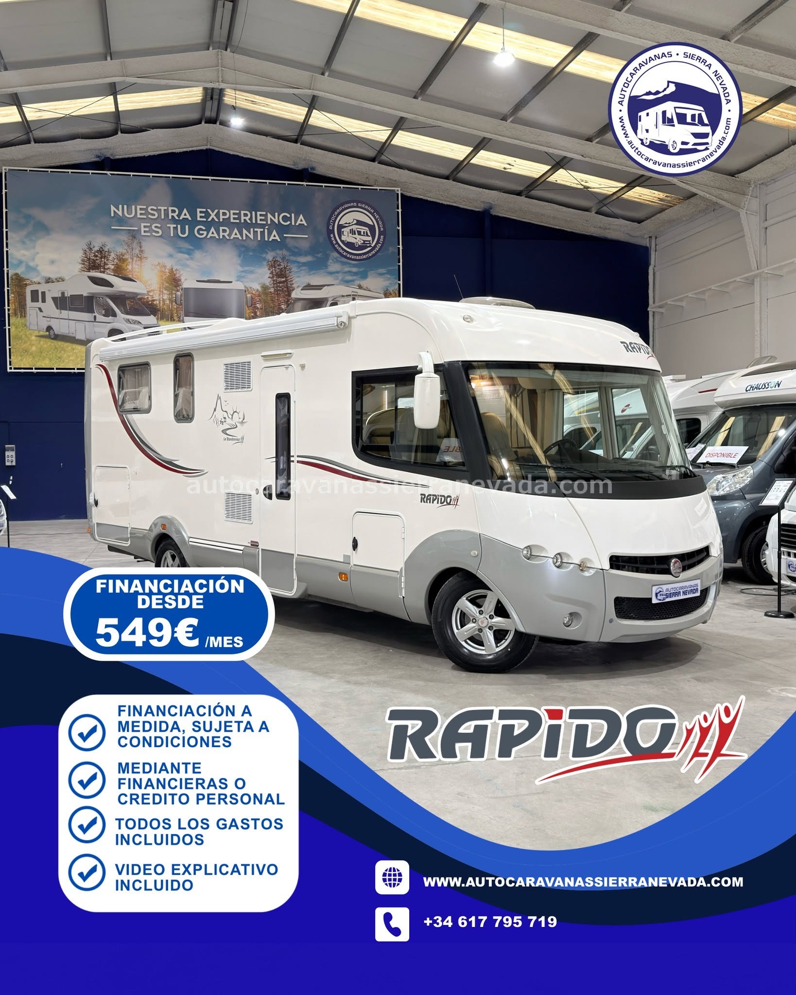 V26/08 AUTOCARAVANA INTEGRAL RAPIDO 9092DF En Autocaravanas Sierra Nevada llevamos más de 22 años ayudando a nuestros clientes a cumplir el sueño de viajar con libertad. Cada vehículo es revisado y reacondicionado a fondo, cuidando cada detalle para que luzca, funcione y se sienta como nuevo, preparado para ofrecer años de fiabilidad y disfrute. Para más información o precio 💵 consulté en nuestra web www.autocaravanassierranevada.com o haga click 👉🖱️ en nuestro enlace ⬇️👇 https://autocaravanassierranevada.com/autocaravanas/rapido-9092df-v26-08/ ¿Quieres pagar a plazos? Llama y te informamos sin compromiso 📞617 79 57 19 📞687 85 35 11 EQUIPAMIENTO Y EXTRAS 👇 MOTOR: FIAT DUCATO 3.0 MULTIJET 180cv AÑO: 2012 KM: 65.000 Medidas exteriores: 7,20m x 3,00m Plazas: 4 CAMBIO AUTOMATICO Extras y Equipamiento: * Medidas maletero con doble portón : (2,20m x 1,20m x 1,10m) * Camas (Isla con cabecero reclinable/Colgante en cabina) * CHASIS ALKO * CARNET C Aire acondicionado (de motor) AirBag(piloto y copiloto) Velocidad crucero Cierre Centralizado Elevalunas eléctricos (conductor) Equipo Multimedia Cámara de visión trasera Asientos giratorios Oscurecedores REMIS en cabina Mosquiteras en ventanas ,claraboyas y puerta principal Claraboya xxl en salón Frigo DOMETIC (220v, Gas, 12v-aut) 160L Extractor de Humos Ducha con mampara separada de aseo Batería de 100ah. Placa Solar de 100w Calefacción Trum Combi TV a 12v. Escalón doble peldaño integrado Toldo FIAMMA de 4m Baca Patas estabilizadoras 2 Cierre de Seguridad Ducha exterior Maleteros laterales Neumáticos reforzados especial camper www.autocaravanassierranevada.com #autocaravanasgranada #autocaravanaocasion #autocaravanasdeocasion #ventaautocaravana #compraautocaravana #autocaravanabarata #caravaningandalucia #autocaravanasur #granadaturismo #granadaocasion #andaluciavanlife #vanlife #camperlife #motorhome #campervan #viajarenautocaravana #caravaninglife #aventuraenruta #viajeslibres #escapadarural #naturalezaylibertad #viajarporelmundo #rutavanlife #descubreespaña