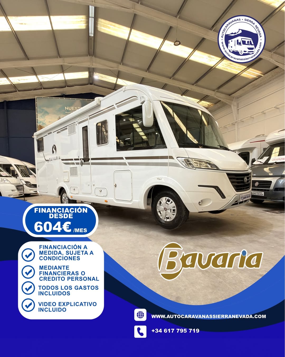 E26/21 AUTOCARAVANA INTEGRAL BAVARIA CLASS I741 En Autocaravanas Sierra Nevada llevamos más de 22 años ayudando a nuestros clientes a cumplir el sueño de viajar con libertad. Cada vehículo es revisado y reacondicionado a fondo, cuidando cada detalle para que luzca, funcione y se sienta como nuevo, preparado para ofrecer años de fiabilidad y disfrute. Para más información o precio 💵 consulté en nuestra web www.autocaravanassierranevada.com o haga click 👉🖱️ en nuestro enlace ⬇️👇 https://autocaravanassierranevada.com/autocaravanas/bavaria-class-i741-e26-21/ ¿Quieres pagar a plazos? Llama y te informamos sin compromiso 📞617 79 57 19 📞687 85 35 11 EQUIPAMIENTO Y EXTRAS 👇 MOTOR: FIAT DUCATO 2.3 MULTIJET 150cv AÑO: 2017 KM: 66.000 Medidas exteriores: 7,40m x 3,00m Plazas: 5 Extras y Equipamiento: * Medidas maletero doble portón : (2,20m x 1,40m x 1,20m) * Camas(Isla/Salón Convertible/Colgante en cabina) CHASIS ALKO Aire acondicionado (de motor) AirBag (conductor y copiloto) Velocidad de Crucero Cierre centralizado Espejos eléctricos Elevalunas eléctricos(en conductor) Equipo Multimedia Cámara de visión trasera Asientos giratorios Oscurecedores REMIS en cabina completa Mosquiteras en ventanas ,claraboyas y puerta principal Claraboya panorámica xxl en salón Frigo DOMETIC (220v, Gas, 12v-auto) 160L Extractor de Humos Ducha con mampara separada de aseo Batería de 100ah. 2 Placa Solar de 100w TV 12v Calefacción Alde Escalón eléctrico de aluminio Patas estabilizadoras Hidráulicas Ducha exterior Toldo THULE de 4m Maleteros Laterales con acceso al doble suelo Neumáticos reforzados especial camper www.autocaravanassierranevada.com #autocaravanasgranada #autocaravanaocasion #autocaravanasdeocasion #ventaautocaravana #compraautocaravana #autocaravanabarata #caravaningandalucia #autocaravanasur #granadaturismo #granadaocasion #andaluciavanlife #vanlife #camperlife #motorhome #campervan #viajarenautocaravana #caravaninglife #aventuraenruta #viajeslibres #escapadarural #naturalezaylibertad #viajarporelmundo #rutavanlife #descubreespaña