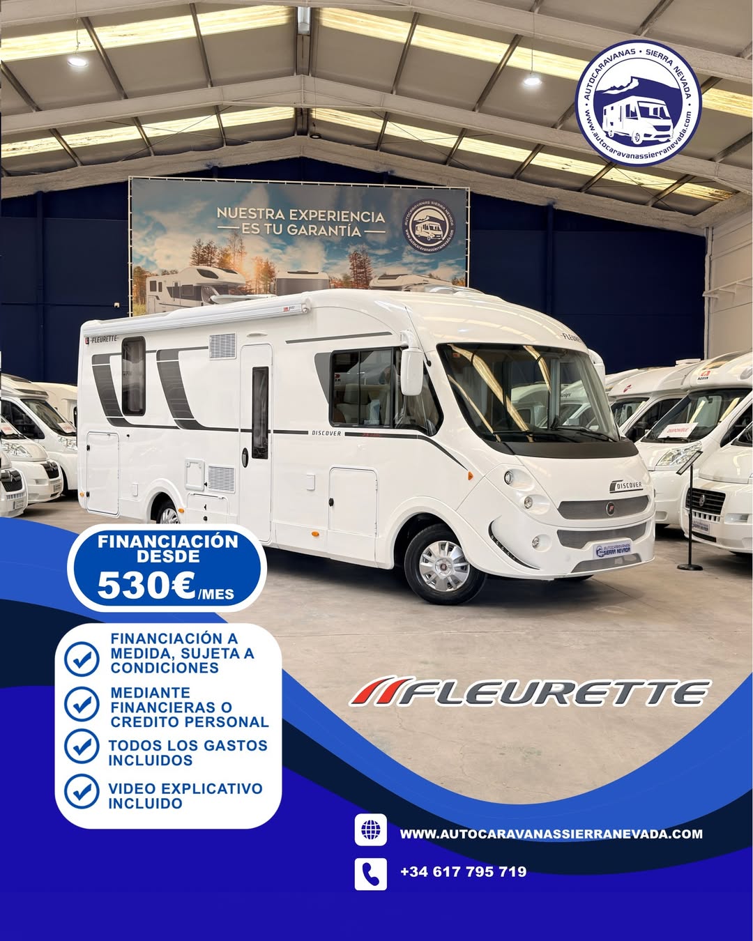 E26/28 AUTOCARAVANA INTEGRAL FLEURETTE DISCOVER 73LMS En Autocaravanas Sierra Nevada llevamos más de 22 años ayudando a nuestros clientes a cumplir el sueño de viajar con libertad. Cada vehículo es revisado y reacondicionado a fondo, cuidando cada detalle para que luzca, funcione y se sienta como nuevo, preparado para ofrecer años de fiabilidad y disfrute. Para más información o precio 💵 consulté en nuestra web www.autocaravanassierranevada.com o haga click 👉🖱️ en nuestro enlace ⬇️👇 https://autocaravanassierranevada.com/autocaravanas/fleurette-discover-73lms-e26-28/ ¿Quieres pagar a plazos? Llama y te informamos sin compromiso 📞617 79 57 19 📞687 85 35 11 EQUIPAMIENTO Y EXTRAS 👇 MOTOR: FIAT DUCATO 2.3 MULTIJET 150cv AÑO: 2015 KM: 30.000 Medidas exteriores: 7,40m x 2,90m Plazas: 4 Extras y Equipamiento: * Medidas maletero con doble portón : (2,15m x 1,10m x 0,90m) * Cama (Isla) CHASIS ALKO Aire acondicionado (de motor) Airbag(en conductor y copiloto) Velocidad de Crucero Cierre centralizado Espejos eléctricos Elevalunas eléctricos(conductor) Equipo Multimedia Cámara de visión trasera Asientos giratorios Oscurecedores REMIS en cabina completa Mosquiteras en ventanas ,claraboyas y puerta principal Claraboya xxl en salón Aire Acondicionado a 220v Marca Aventa Frigo DOMETIC (220v, Gas, 12v-auto) 160L Horno a gas Extractor de humos Ducha con mampara separada de aseo Batería de 100ah. Placa Solar de 100w Calefacción Truma Combi Escalón doble peldaño integrado Toldo FIAMMA de 4m Escalera trasera Portabicis para 2 Baca de aluminio Maleteros con acceso al doble suelo Neumáticos reforzados especial camper
