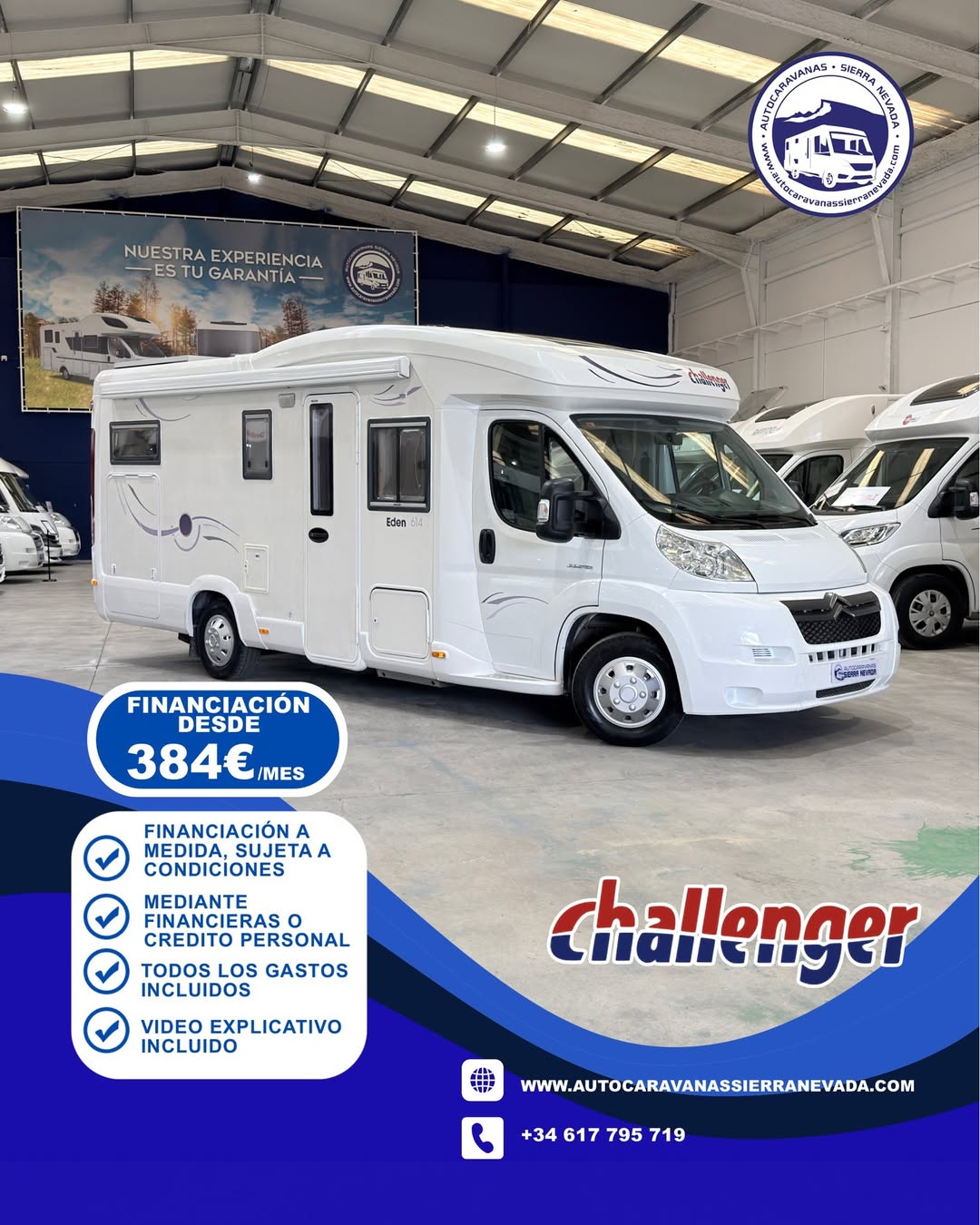 V25/113 AUTOCARAVANA PERFILADA CHALLENGER EDÉN 614 En Autocaravanas Sierra Nevada llevamos más de 22 años ayudando a nuestros clientes a cumplir el sueño de viajar con libertad. Cada vehículo es revisado y reacondicionado a fondo, cuidando cada detalle para que luzca, funcione y se sienta como nuevo, preparado para ofrecer años de fiabilidad y disfrute. Para más información o precio 💵 consulté en nuestra web www.autocaravanassierranevada.com o haga click 👉🖱️ en nuestro enlace ⬇️👇 https://autocaravanassierranevada.com/autocaravanas/challenger-eden-614-v25-113/ ¿Quieres pagar a plazos? Llama y te informamos sin compromiso 📞617 79 57 19 📞687 85 35 11 EQUIPAMIENTO Y EXTRAS 👇 MOTOR: FIAT DUCATO 3.0 MULTIJET 160cv AÑO: 2008 KM: 127.000 Medidas exteriores: 7,00m x 2,80m Plazas: 4 Extras y Equipamiento: * Medida maletero con doble acceso: (2,15m x 1,26m x 1,22m) * Camas (Salón convertible para uno/ Transversal elevable) CADENA DE DISTRIBUCIÓN Aire acondicionado de motor Airbag (conductor y copiloto) Cierre centralizado (cabina) Espejos eléctricos Elevalunas eléctricos (conductor y copiloto) Equipo Multimedia Cámara visión trasera Asientos Giratorios Mosquiteras en ventanas, claraboyas y puerta principal Claraboyas transparentes y Claraboya xxl en salón TurboVent - Frigo DOMETIC (220v, Gas, 12v, Auto) 150L capacidad Extractor de Humos Horno a gas Ducha con mampara dentro de aseo Batería de 100ah. 2 Placas solares 100w Calefacción Trumatic c TV 12 V. Escalon doble peldaño integrado Toldo OMNISTOR de 4m Patas estabilizadoras Portabicis para 2 Ducha exterior Neumáticos reforzados especial camper www.autocaravanassierranevada.com #autocaravanasgranada #autocaravanaocasion #autocaravanasdeocasion #ventaautocaravana #compraautocaravana #autocaravanabarata #caravaningandalucia #autocaravanasur #granadaturismo #granadaocasion #andaluciavanlife #vanlife #camperlife #motorhome #campervan #viajarenautocaravana #caravaninglife #aventuraenruta #viajeslibres #escapadarural #naturalezaylibertad #viajarporelmundo #rutavanlife #descubreespaña