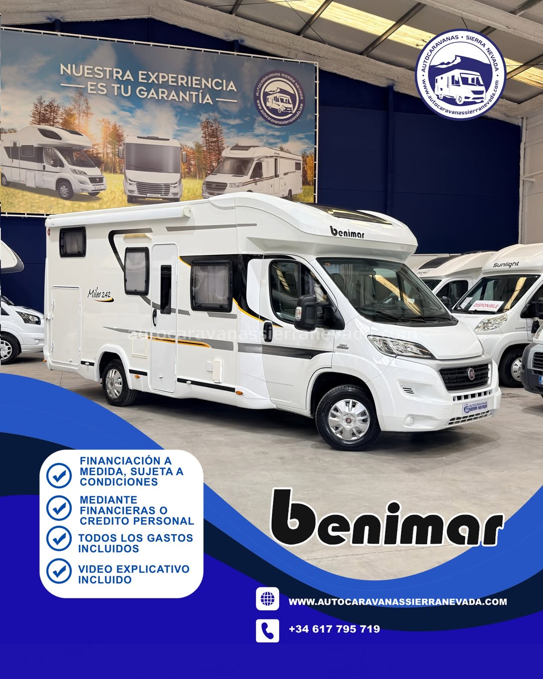 E26/51 AUTOCARAVANA PERFILADA BENIMAR MILEO 242

En Autocaravanas Sierra Nevada llevamos más de 22 años ayudando a nuestros clientes a cumplir el sueño de viajar con libertad.

Cada vehículo es revisado y reacondicionado a fondo, cuidando cada detalle para que luzca, funcione y se sienta como nuevo, preparado para ofrecer años de fiabilidad y disfrute.

Para más información o precio 💵 consulté en nuestra web www.autocaravanassierranevada.com

o haga click 👉🖱️ en nuestro enlace ⬇️👇

https://autocaravanassierranevada.com/autocaravanas/benimar-mileo-242-e26-51/

¿Quieres pagar a plazos?
Llama y te informamos sin compromiso

📞617 79 57 19
📞687 85 35 11

DESCRIPCIÓN TÉCNICA 👇

MOTOR: FIAT DUCATO 2.3 MULTIJET 130cv
AÑO: 2015
KM: 30.000
Medidas exteriores: 6,93m x 2,90m
Plazas: 6

EXTRAS Y EQUIPAMIENTO:

Medidas maletero con doble portón: (2,16m x 1,30m x 1,25m)
Camas (Transversal/ Colgante eléctrica)

Aire acondicionado (de motor)
Airbag(en conductor y copiloto)
Velocidad de Crucero
Cierre centralizado(en cabina)
Elevalunas eléctricos
Espejos eléctricos
Equipo Multimedia
Asientos giratorios
Oscurecedores REMIS en cabina completa
Camara de Vision Trasera
Mosquiteras en ventanas, claraboyas y puerta principal
Claraboyas transparentes y panorámica xxl en cabina
Frigo THETFORD (220v, Gas, 12v, Auto) 135.5L
Ducha con mampara dentro de aseo
1 Batería de 95ah
1 Placa Solar de 100w
Calefacción webasto a gasoil
Escalón doble peldaño integrado
Toldo TRISTOR 3.40m
1 Cierre de seguridad
Neumáticos reforzados especial camper

www.autocaravanassierranevada.com

#autocaravanasgranada
#autocaravanaocasion
#autocaravanasdeocasion
#ventaautocaravana
#compraautocaravana
#autocaravanabarata
#caravaningandalucia
#autocaravanasur
#granadaturismo
#granadaocasion
#andaluciavanlife
#vanlife
#camperlife
#motorhome
#campervan
#viajarenautocaravana
#caravaninglife
#aventuraenruta
#viajeslibres
#escapadarural
#naturalezaylibertad
#viajarporelmundo
#rutavanlife
#descubreespaña